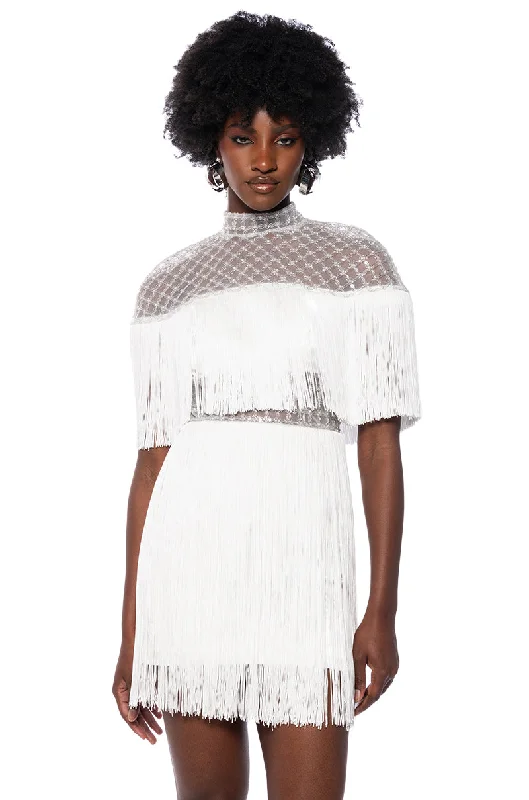 Leather Mini Dresses for Edgy Style -MYLAH FRINGE DETAIL SHORT SLEEVE MINI DRESS IN WHITE