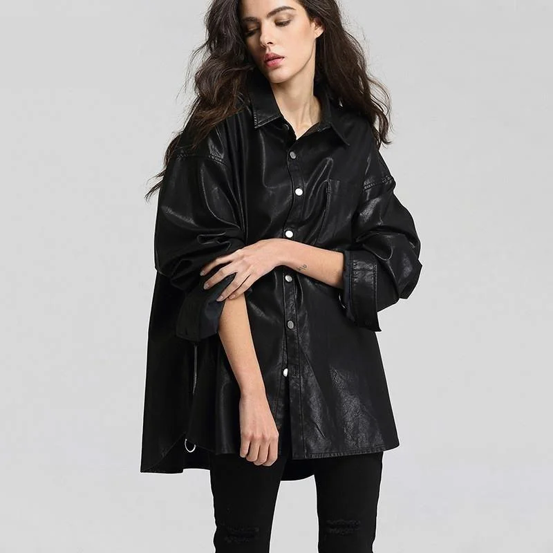 Classic double - breasted wool trench coat for office wear -Loose Washed Free Size Casual Jacket Leather Turn Down Collar Women's Coat