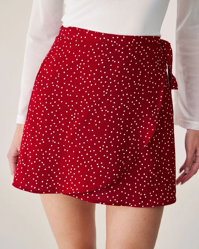 A-line Mini Dresses for Flattering Fit -Red Polka Dot Wrap Mini Skirt