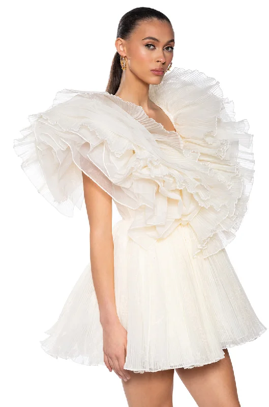 Tasseled Mini Dresses for Exotic Look -EVER AFTER RUFFLE SLEEVE PLEATED A LINE MINI DRESS IN IVORY