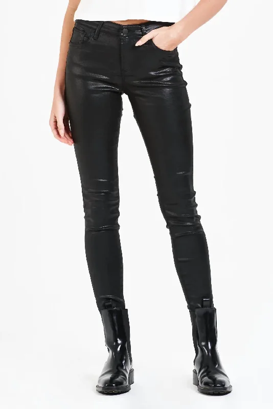 Distressed leather jacket with shearling collar for retro styles -Gisele High Rise Ankle Skinny Pants In Black Coated