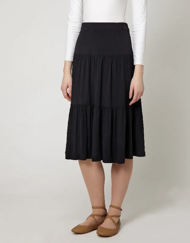 Mini Dresses for Vintage Style Lovers -27" Modal Tiered Skirt with Covered Elastic Waistband Black