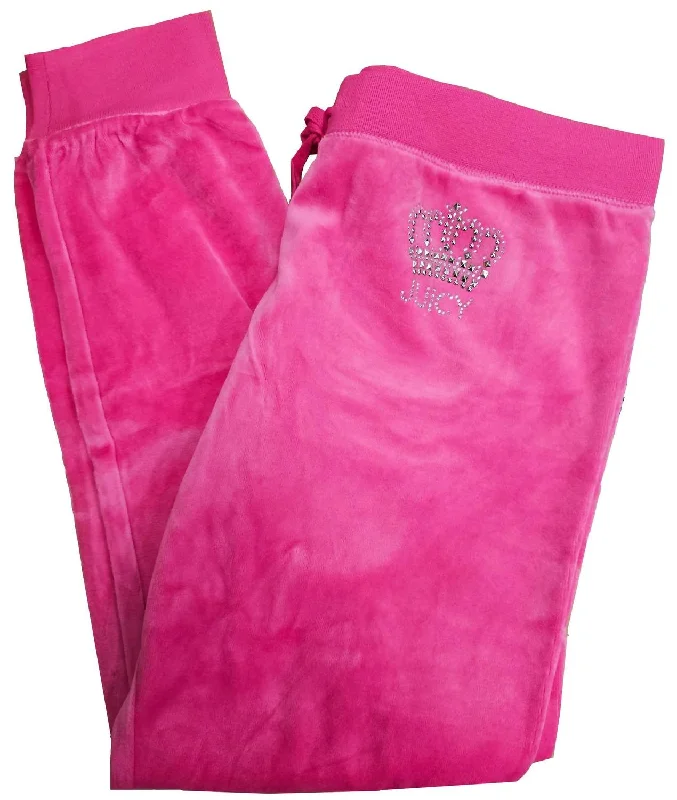 Designer skinny tight trousers for women with tailored fit and luxury finish -Women's Studded Crown Logo Track Velour Zuma Pant In Magenta