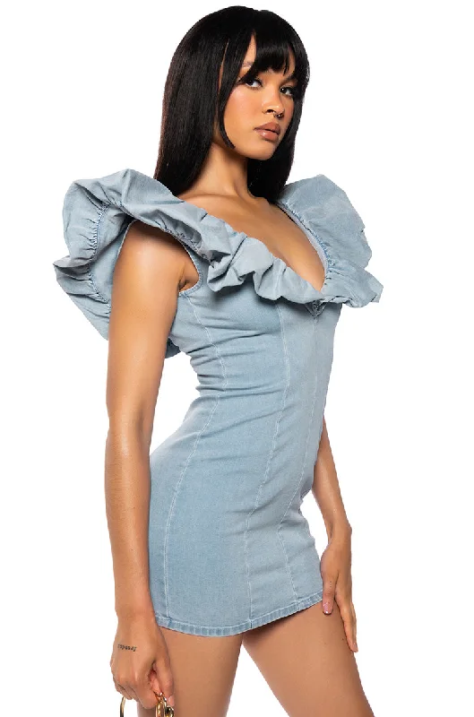 Mini Dresses for Cultural Events -CYNTHIA STATMENT SHOULDER DENIM MINI DRESS