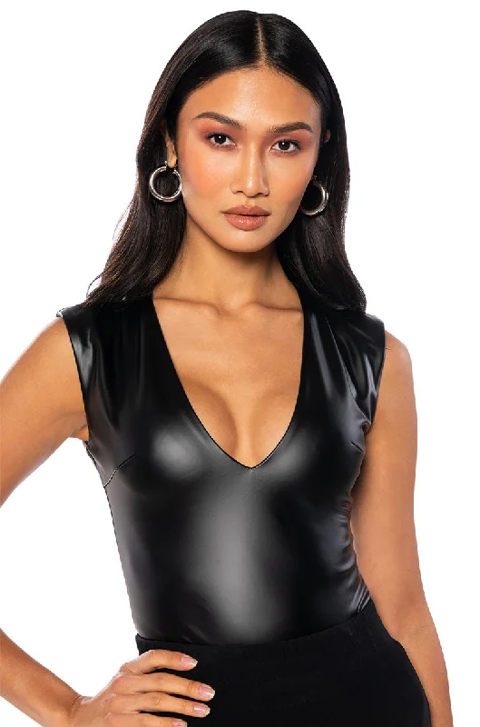 NAUGHTY BUT NICE FAUX LEATHER SLEEVELESS PLUNGE BODYSUIT