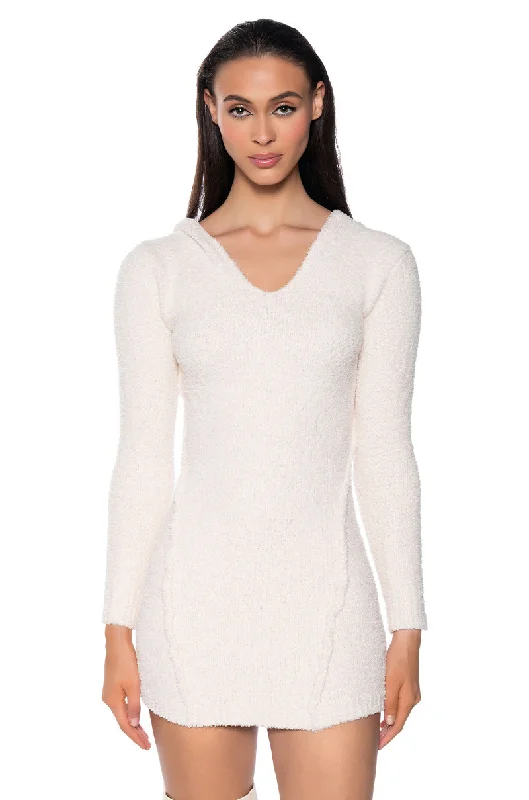 Beaded Mini Dresses for Glamorous Touch -ON DND COZY KNIT HOODED MINI DRESS