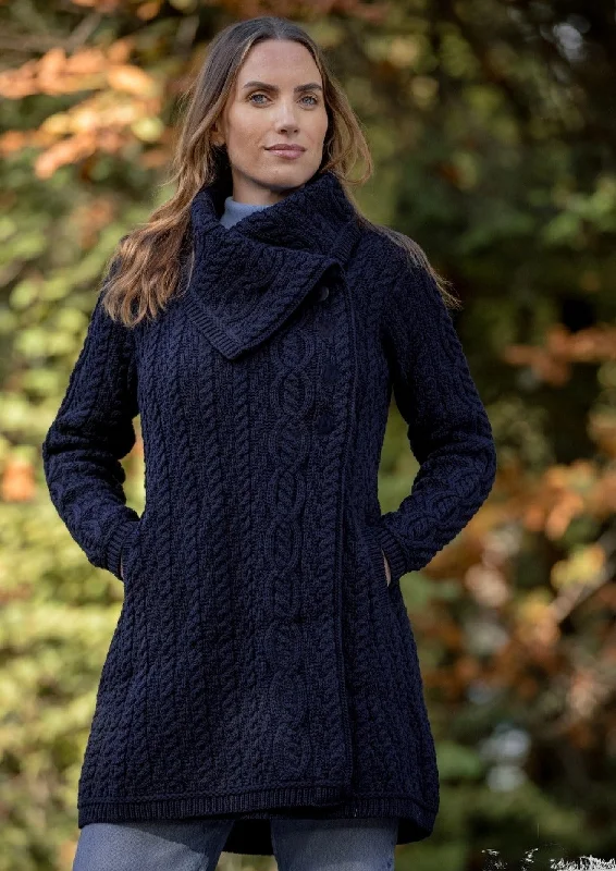 Lightweight fleece jacket for cool autumn mornings -Aran Crafts Chunky Collar Coat | Navy