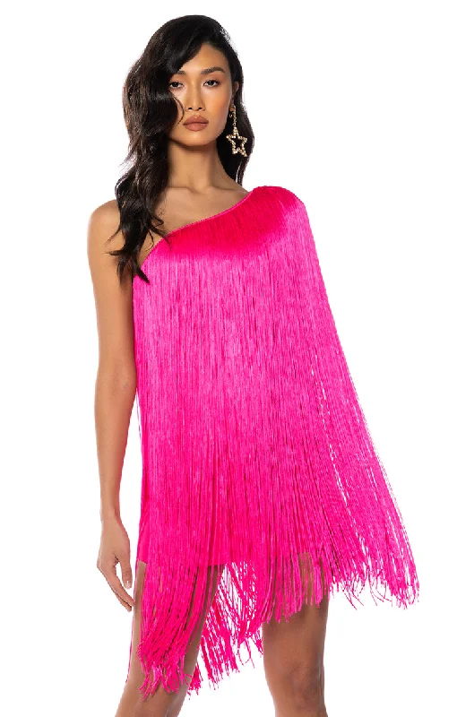 Mini Dresses for Music Festivals -ZASHA ONE SHOULDER BANDAGE WITH FRINGE MINI DRESS