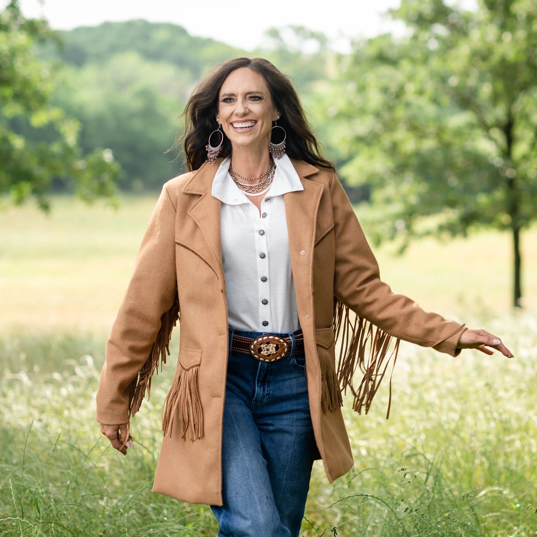 Embroidered denim jacket with paisley patterns for ethnic designs -STS Ranchwear Women's Hattie Wool Fringe Coat in Chestnut