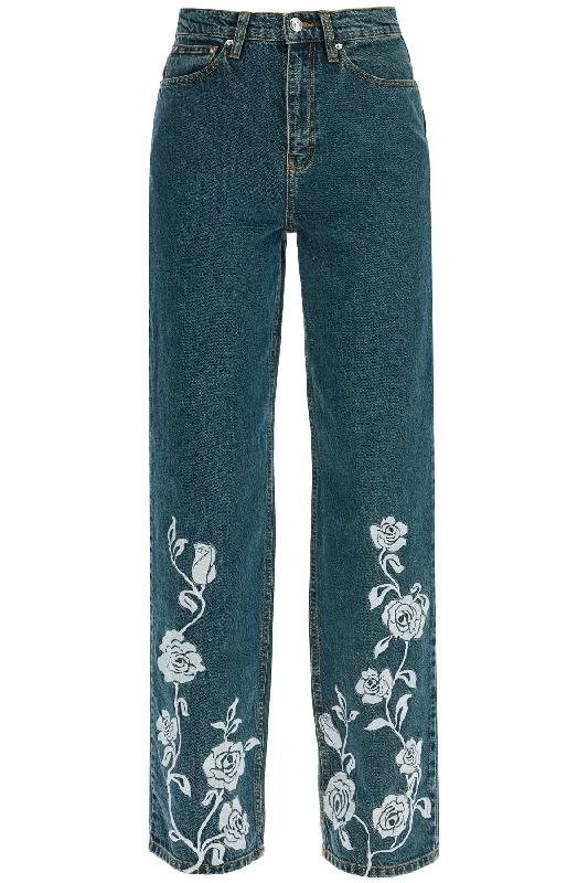 Cozy tight trousers for women with fleece-lined fabric for warmth during cold weather -Rotate Women's Jeans In blue Steel blue With Floral Details