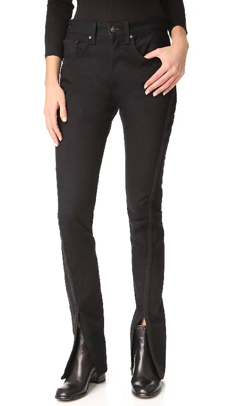 High-rise tight trousers for women with pleated front and classic look -Regalia Ankle Front Slit High Rise Classic Jeans In Black