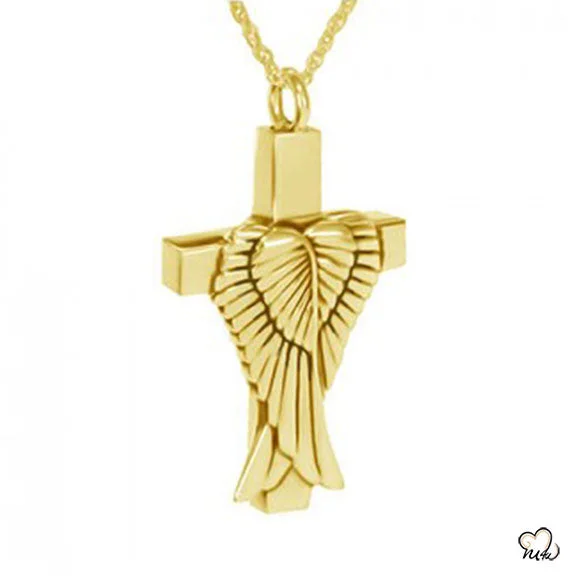 Stunning necklaces and pendants with sapphire gemstones for a luxurious blue hue-Angel Wings on Cross Cremation Jewelry - Gold Plated