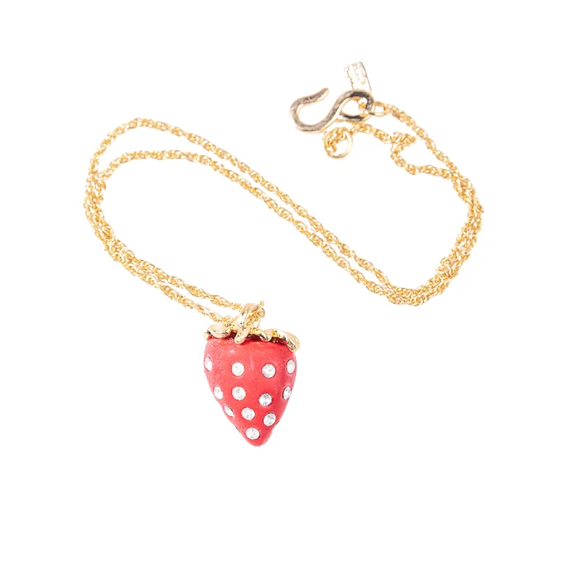 Necklaces and pendants with enamel accents for a colorful, eye-catching appearance-Gold Chain with Red and Crystal Strawberry Necklace