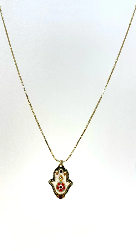 Necklaces and pendants with leaf-shaped designs for an earthy, organic feel-Eretz Necklace - White Floral Hamsa