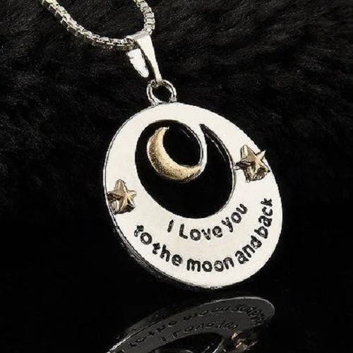 Elegant necklaces and pendants with diamond accents for added sparkle-“I LOVE YOU TO THE MOON AND BACK” Alloy Necklace Pendant Long Chain Silver Gift