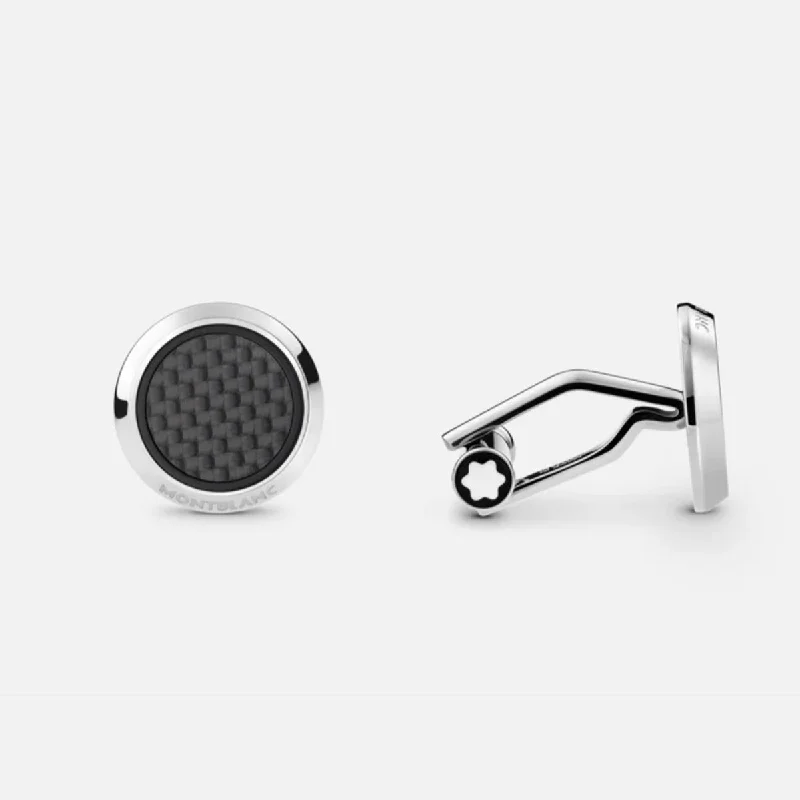 Best necklaces and pendants with silver chains for a sleek, timeless look-Montblanc-Cufflinks, round in stainless steel with carbon-patterned inlay 124295